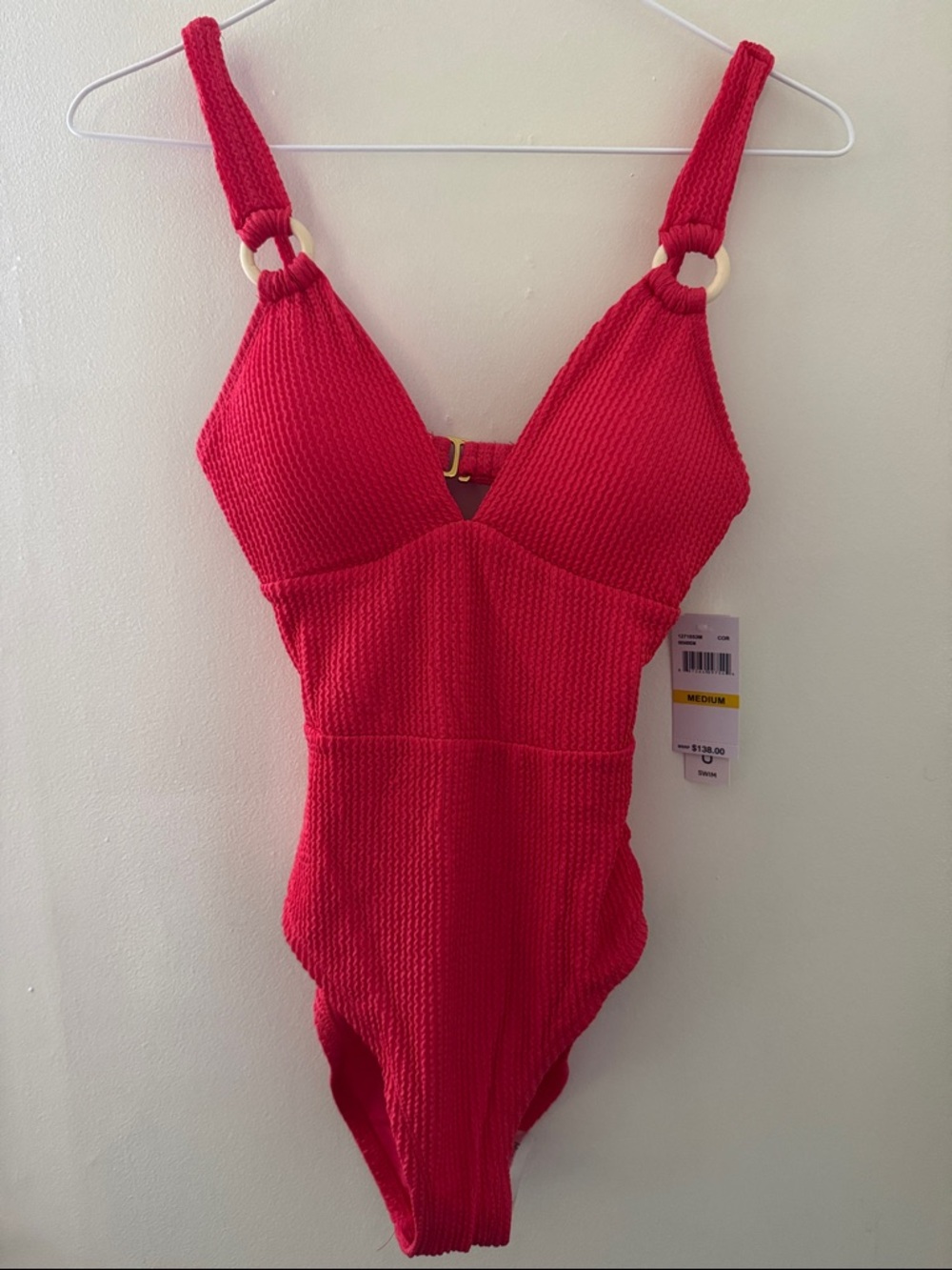 Lucky Brand Bright Red Textured One-Piece with Ring Strap Detail